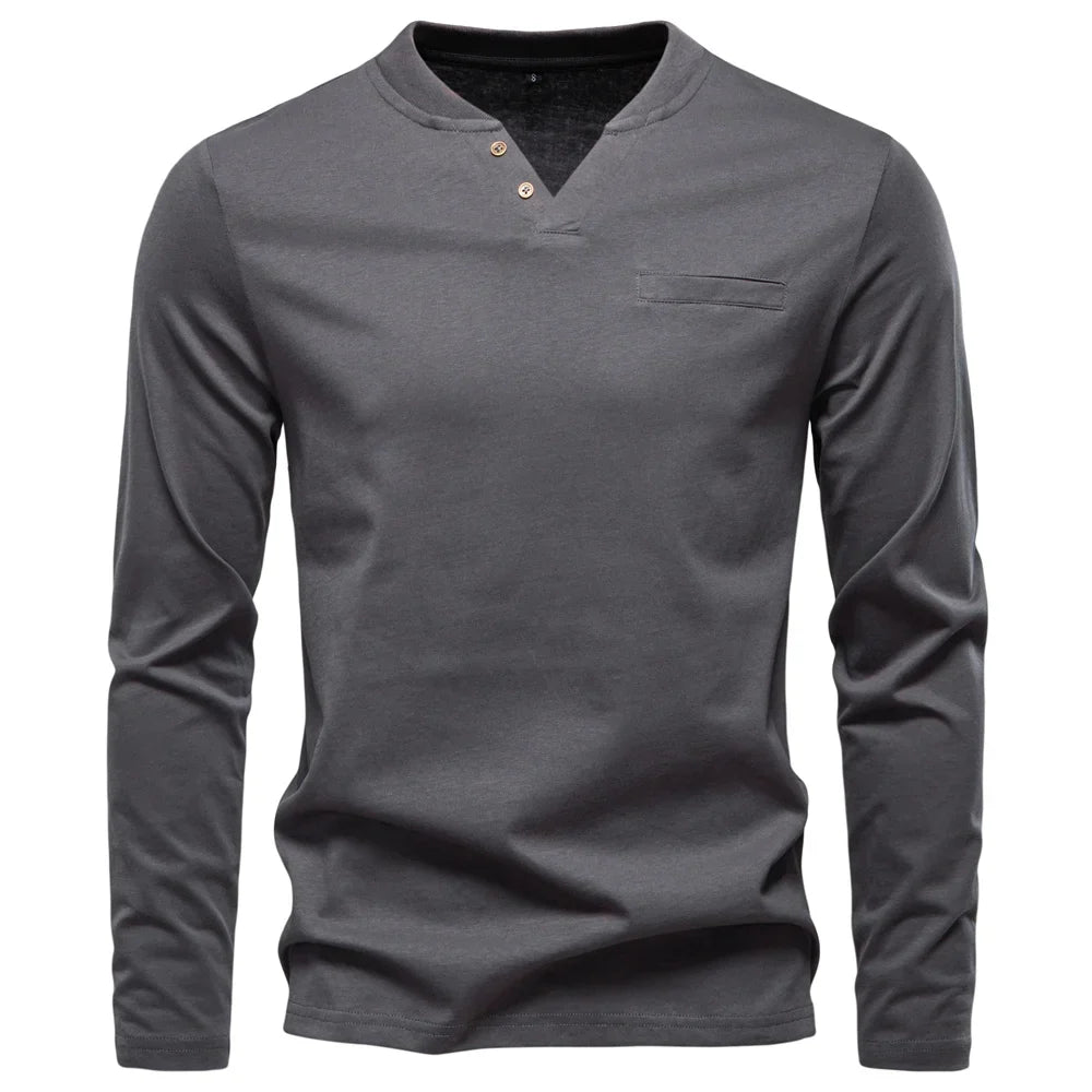 Klassisk Henley Langermet T-skjorte for Menn – 100 % Bomull | Myk, Pustende og Elegant Topp i Premium Kvalitet