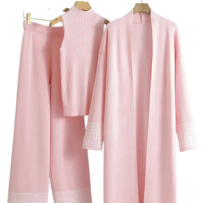 Elegant 3-delt Strikkesett – Høytlivsbukser, Vest og Lang Cardigan – Beige