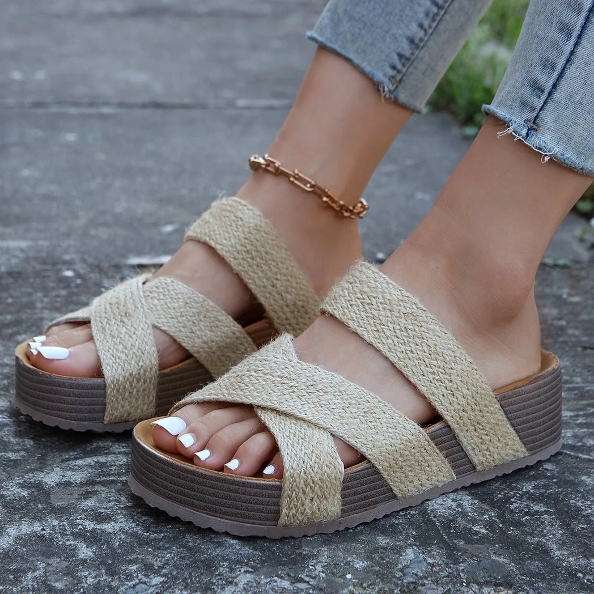 Dame Flatform Sandaler – Korksåle med Tykk Bunn og Antiskli