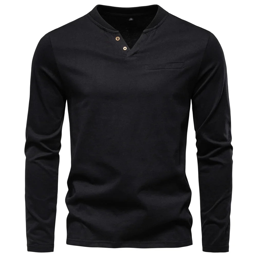 Klassisk Henley Langermet T-skjorte for Menn – 100 % Bomull | Myk, Pustende og Elegant Topp i Premium Kvalitet