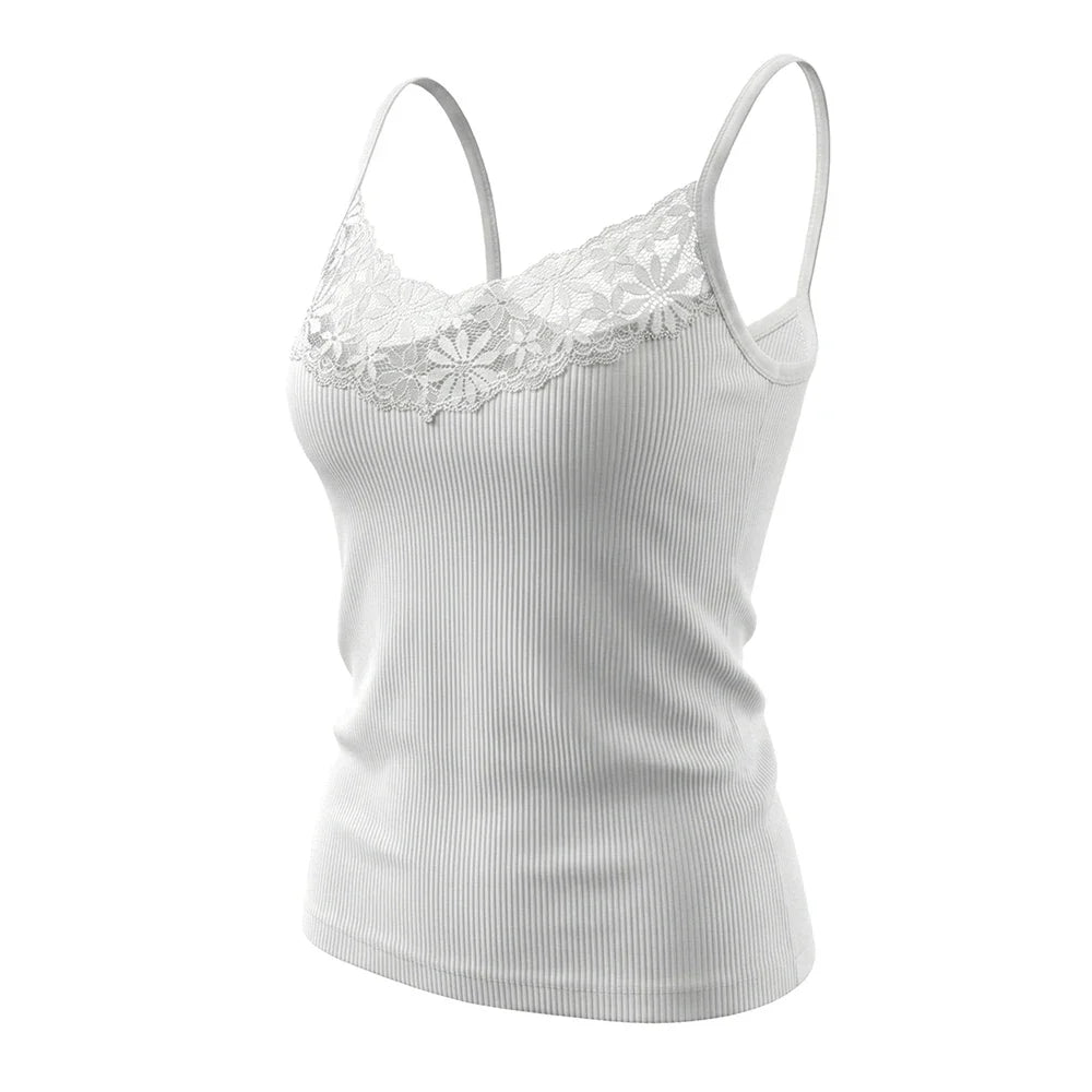 Ribbet Blondetopp til Dame | Figurnær Camisole med Dyp V-Hals