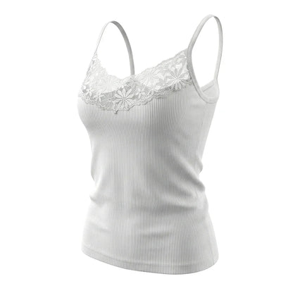 Ribbet Blondetopp til Dame | Figurnær Camisole med Dyp V-Hals