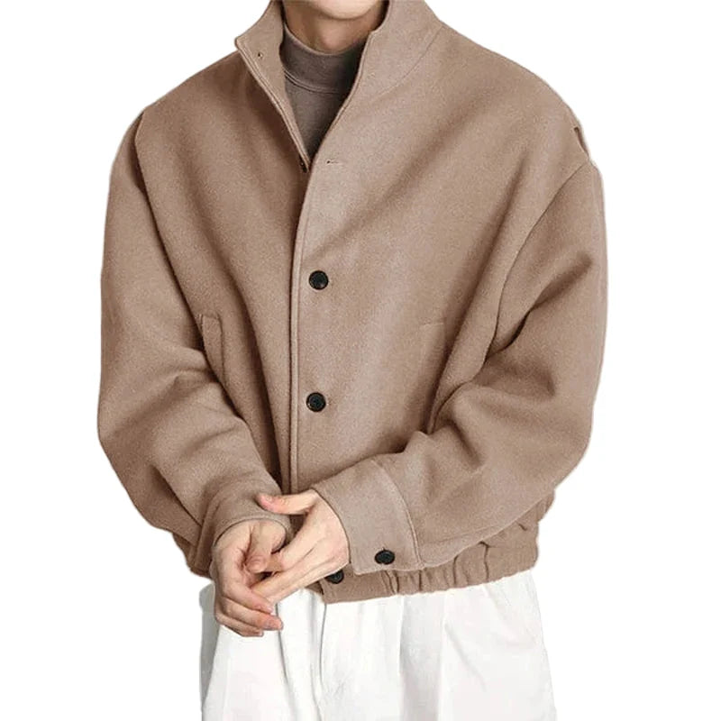 Herrejakke – Ensfarget med Ståkrage &amp; Knapper | Koreansk Streetwear i Casual Stil (S–5XL)