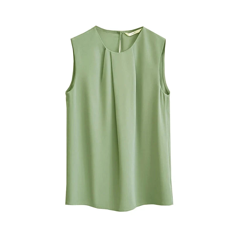 Ermeløs Chiffonbluse til Dame – Asymmetrisk Plissert Sommertopp
