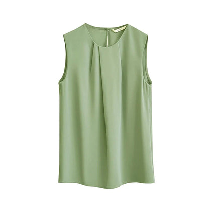 Ermeløs Chiffonbluse til Dame – Asymmetrisk Plissert Sommertopp