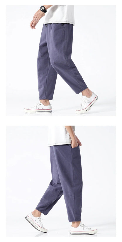 Trendy Herrebukser i 100% Bomull – Japanskinspirert, Løs Passform og Cropped Lengde (opptil 5XL)