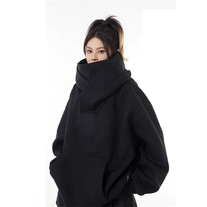 Ninja Hettegenser for Menn – Ensfarget Y2K Hoodie med Høy Hals | Oversized Streetwear i Fleece for Høst og Vinter
