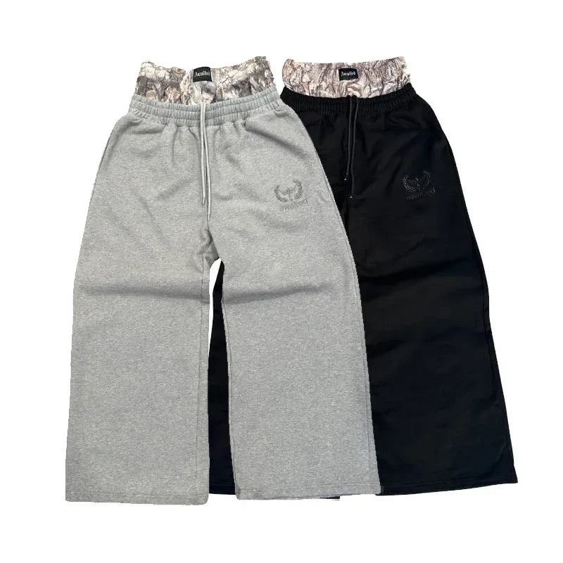 Y2K Retro Cargobukser for Menn – Kamuflasjemønster med Broderi | Unisex Streetwear Bukser med Vide Ben – M