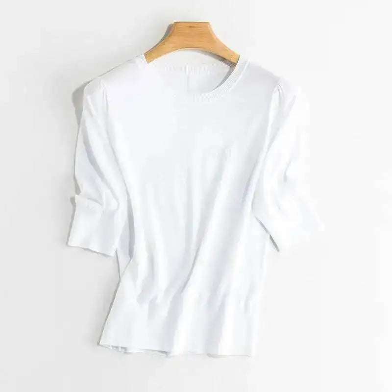 Strikket Silke T-skjorte til Dame – Lett Half Sleeve Sommertopp