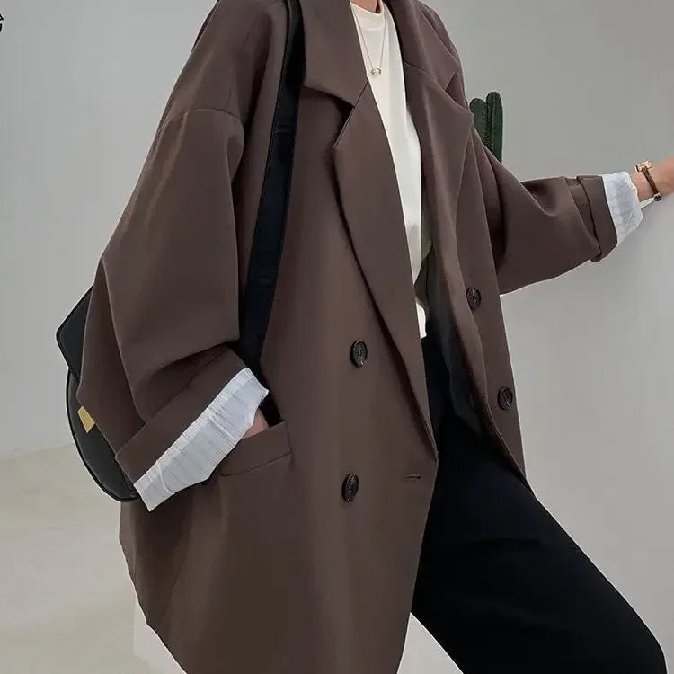 Vintage Blazer for Dame – Løs Dobbelspent Dressjakke med Lange Ermer | Elegant &amp; Trendy Høststil 2025