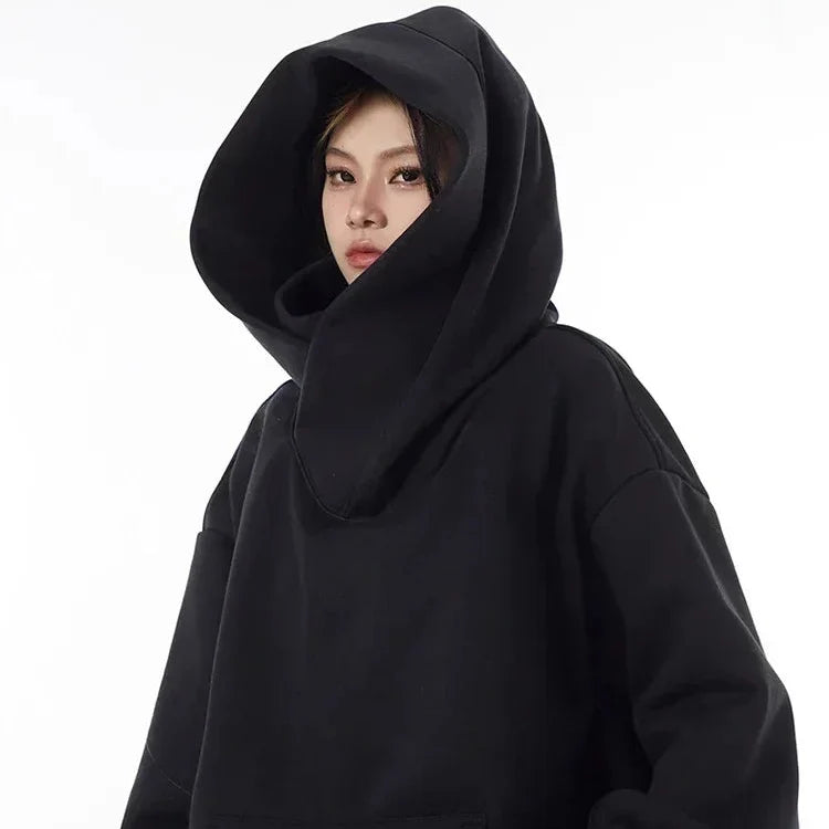 Ninja Hettegenser for Menn – Ensfarget Y2K Hoodie med Høy Hals | Oversized Streetwear i Fleece for Høst og Vinter
