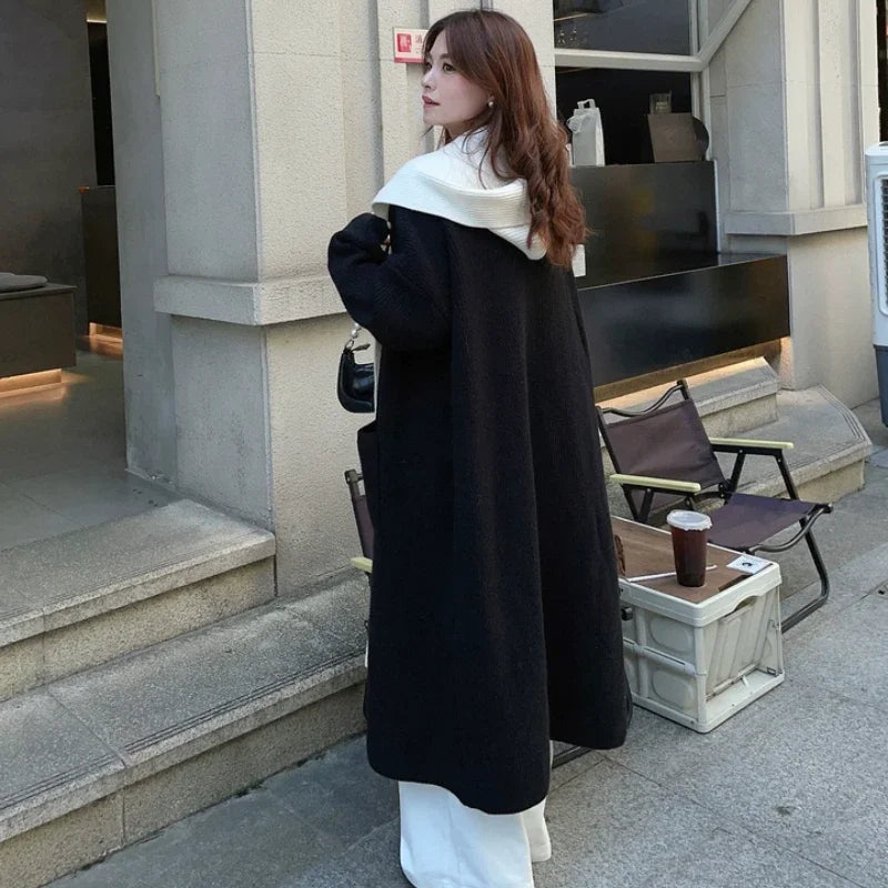 Lang Strikkecardigan med Hette – Løs Passform &amp; Doble Knapperekker | Varm &amp; Trendy Ulzzang-stil