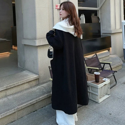 Lang Strikkecardigan med Hette – Løs Passform &amp; Doble Knapperekker | Varm &amp; Trendy Ulzzang-stil