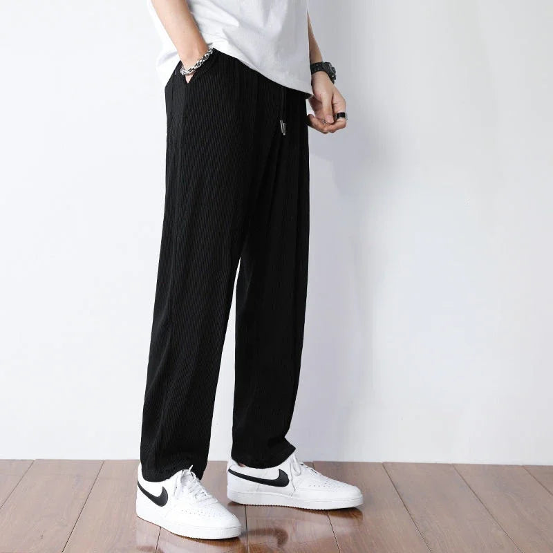 Hvite Ice Silk Sommerbukser for Herre – Lette, Vide Streetwear Bukser