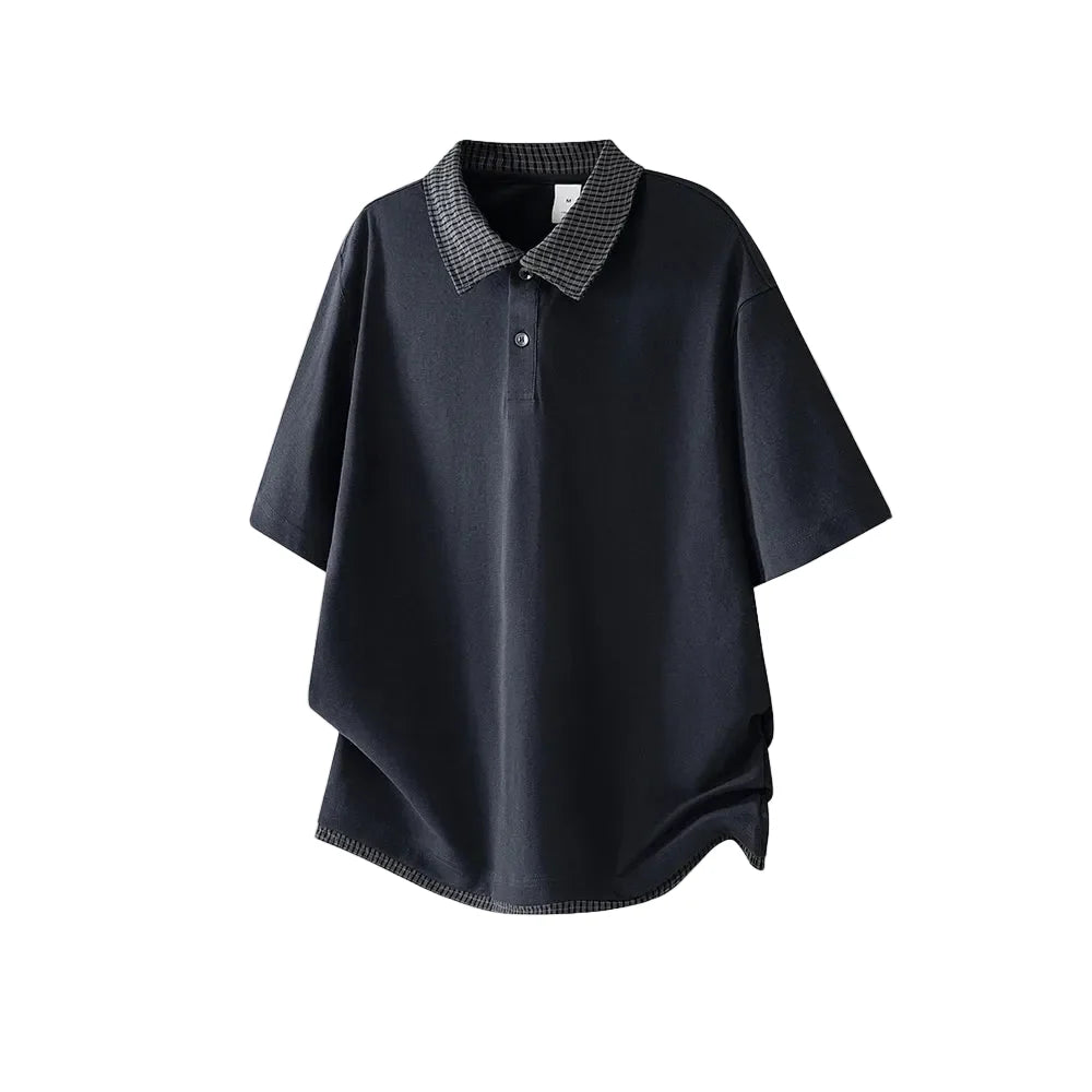 Retro Polo T-skjorte til Herre – Heavyweight Rutete Fake Two-Piece Design