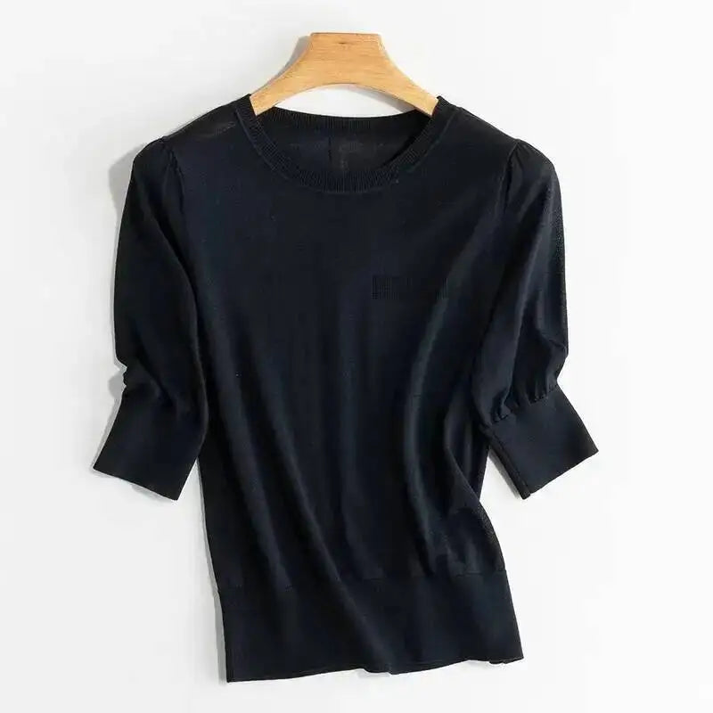Strikket Silke T-skjorte til Dame – Lett Half Sleeve Sommertopp