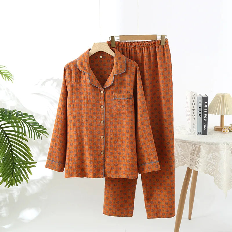 Jacquard Pysjamasett i Bomull (Garnfarget) – 2-delt Langermet Sett med Etnisk Mønster | Høst Loungewear