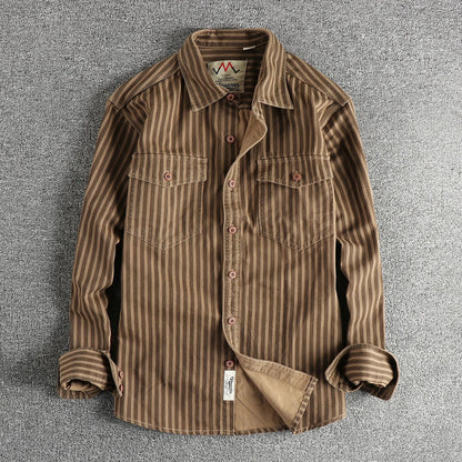 Retro Stripet Skjorte for Menn – Amerikansk Vasket Look med Lommer | Casual Langermet Skjorte for Høst og Vinter 2025