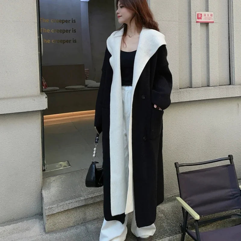 Lang Strikkecardigan med Hette – Løs Passform &amp; Doble Knapperekker | Varm &amp; Trendy Ulzzang-stil
