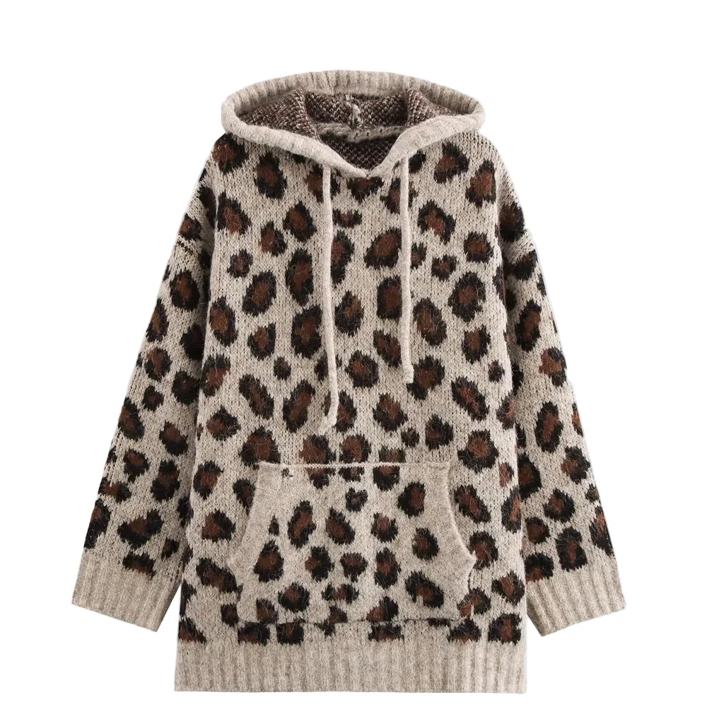 Strikket Hettegenser for Kvinner – Løs Genser med Dyremønster | Myk, Varm og Trendy Hoodie til Høst og Vinter – Khaki