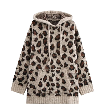 Strikket Hettegenser for Kvinner – Løs Genser med Dyremønster | Myk, Varm og Trendy Hoodie til Høst og Vinter – Khaki