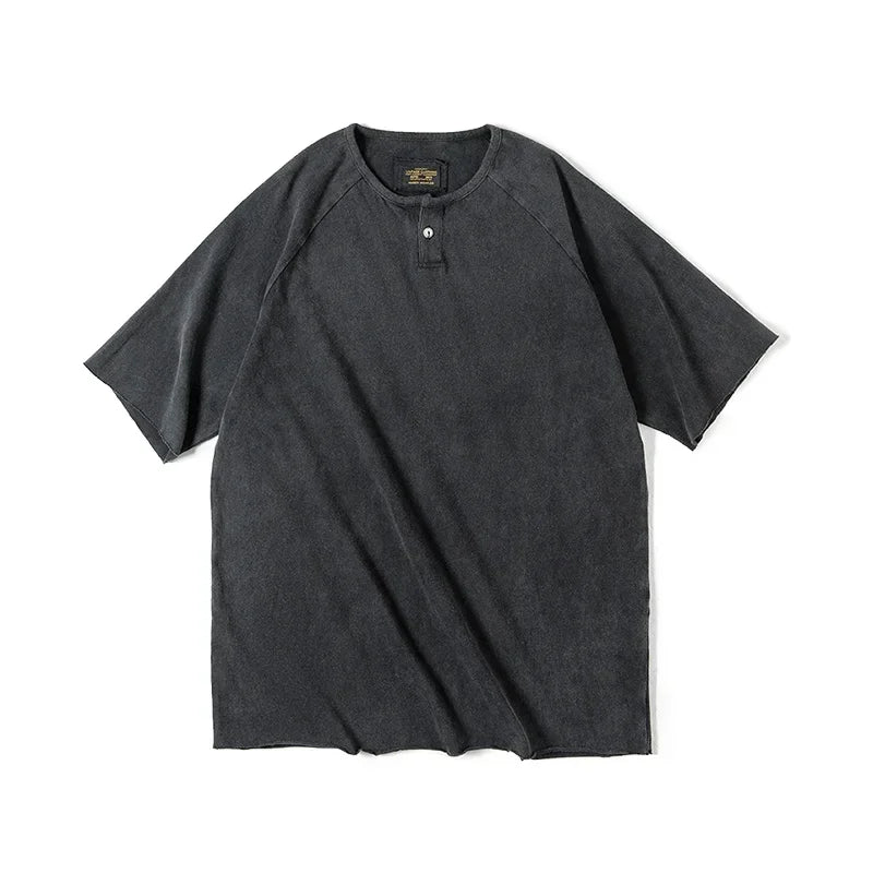 Vintage Henley T-skjorte til Herre – Heavyweight Vasket Bomulls Tee