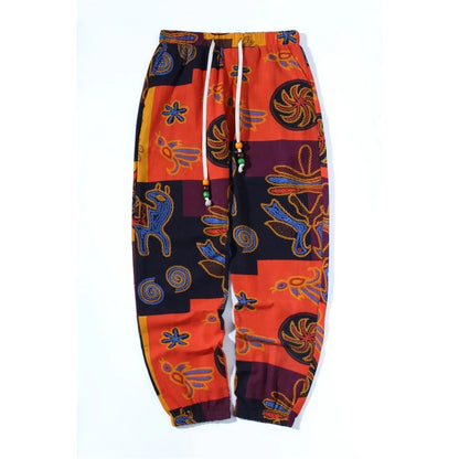 Boho Linbukser for Herre – Lettere Sommerbukser med Tribal Print &amp; Snor i Midjen | Komfortable Joggebukser i Bomullsblanding