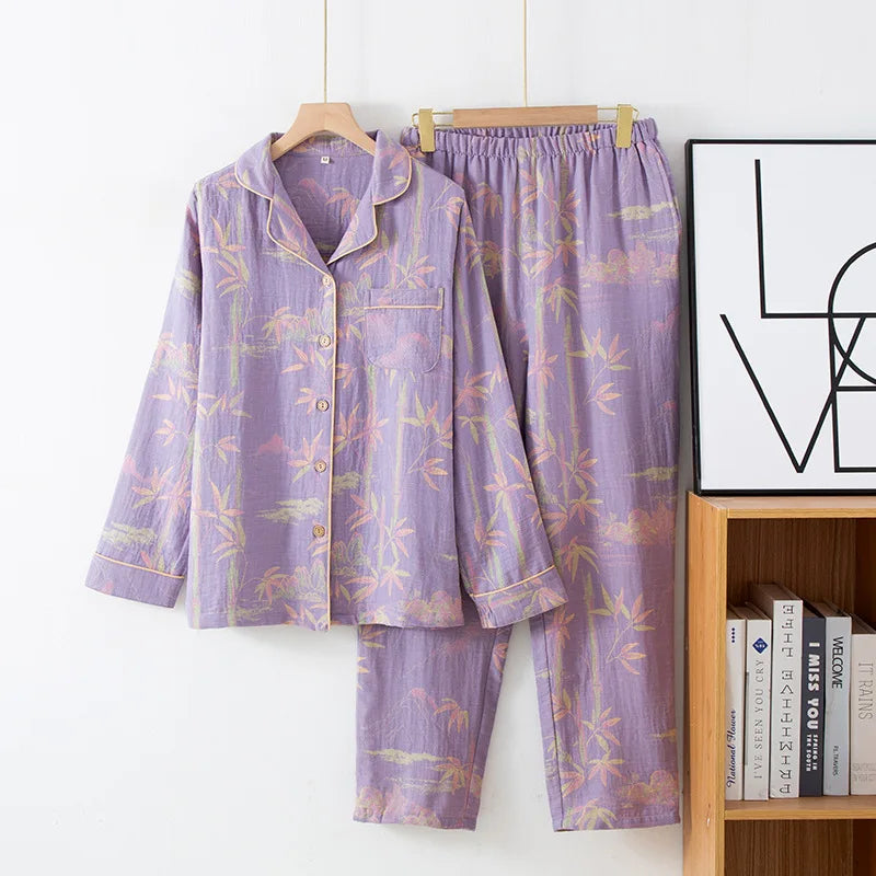 Par-Pysjamas i Bomullsmusselin (Dobbel Gasbind) – 2-delt Sett med Tynn Langermet Topp + Bukse | Vår/Sommer Loungewear