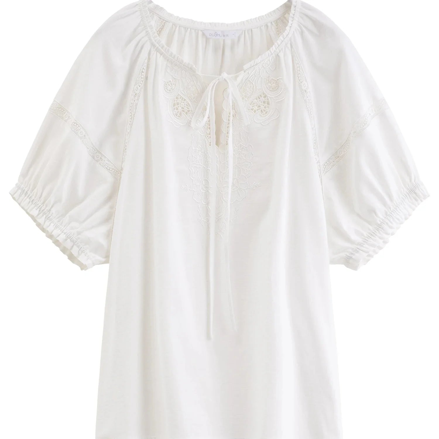 Linen-Bomullsbluse til Dame – Puffermet Sommerbluse med Broderidetaljer