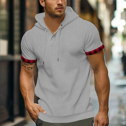 Kortermet Hoodie for Menn – Waffle-Struktur i Ensfarget Design | Sporty og Komfortabel T-skjorte til Vår og Sommer