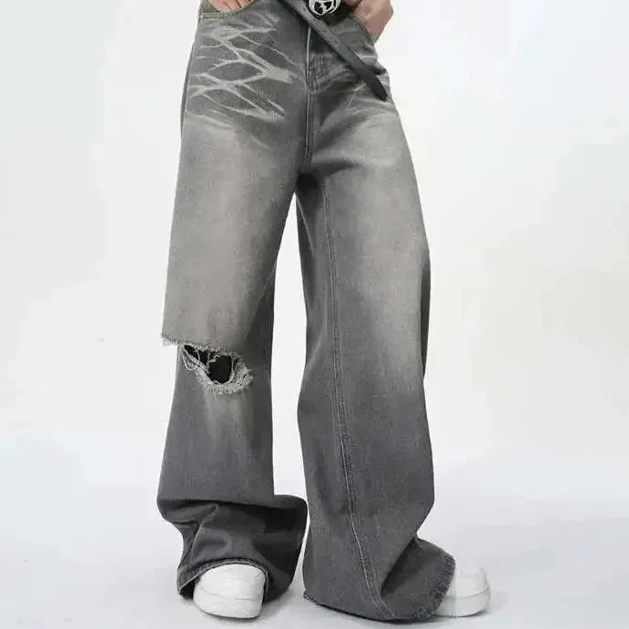 Trendy Jeans for Menn – Løse, Rette Bukser med Kontrastdetaljer | Sommerlige Wide Leg Denim Bukser i Streetwear-stil (2025) – Grå