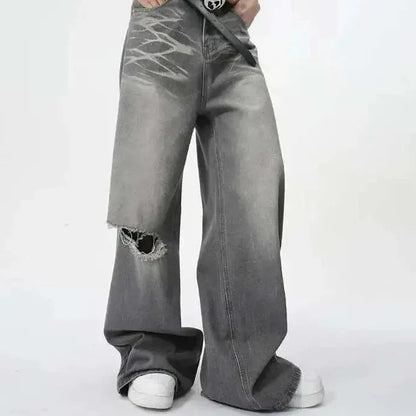 Trendy Jeans for Menn – Løse, Rette Bukser med Kontrastdetaljer | Sommerlige Wide Leg Denim Bukser i Streetwear-stil (2025) – Grå