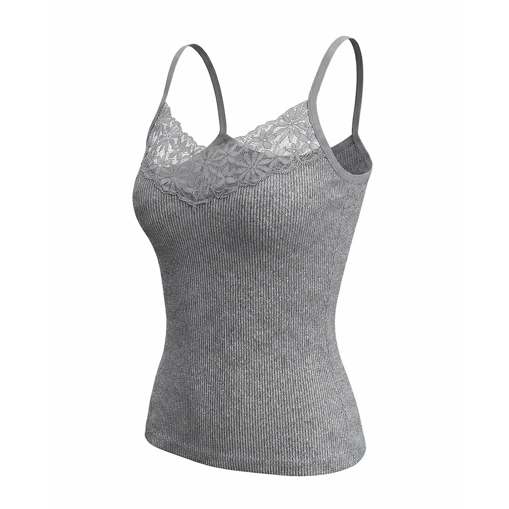 Ribbet Blondetopp til Dame | Figurnær Camisole med Dyp V-Hals