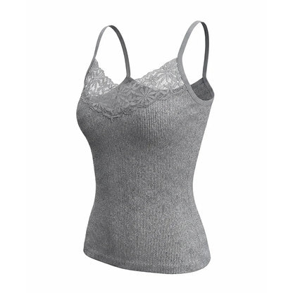 Ribbet Blondetopp til Dame | Figurnær Camisole med Dyp V-Hals