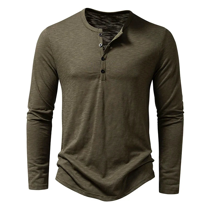 Herre Henley T-skjorte i Bomull – Langermet &amp; Pustende | Casual Basisgenser med Knapper – D38 Khaki