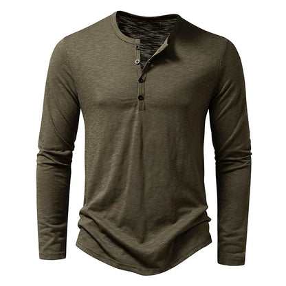 Herre Henley T-skjorte i Bomull – Langermet &amp; Pustende | Casual Basisgenser med Knapper – D38 Khaki