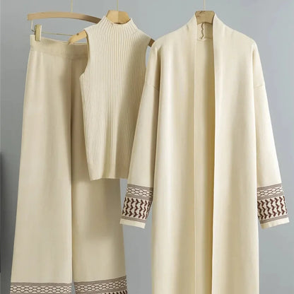 Elegant 3-delt Strikkesett – Høytlivsbukser, Vest og Lang Cardigan