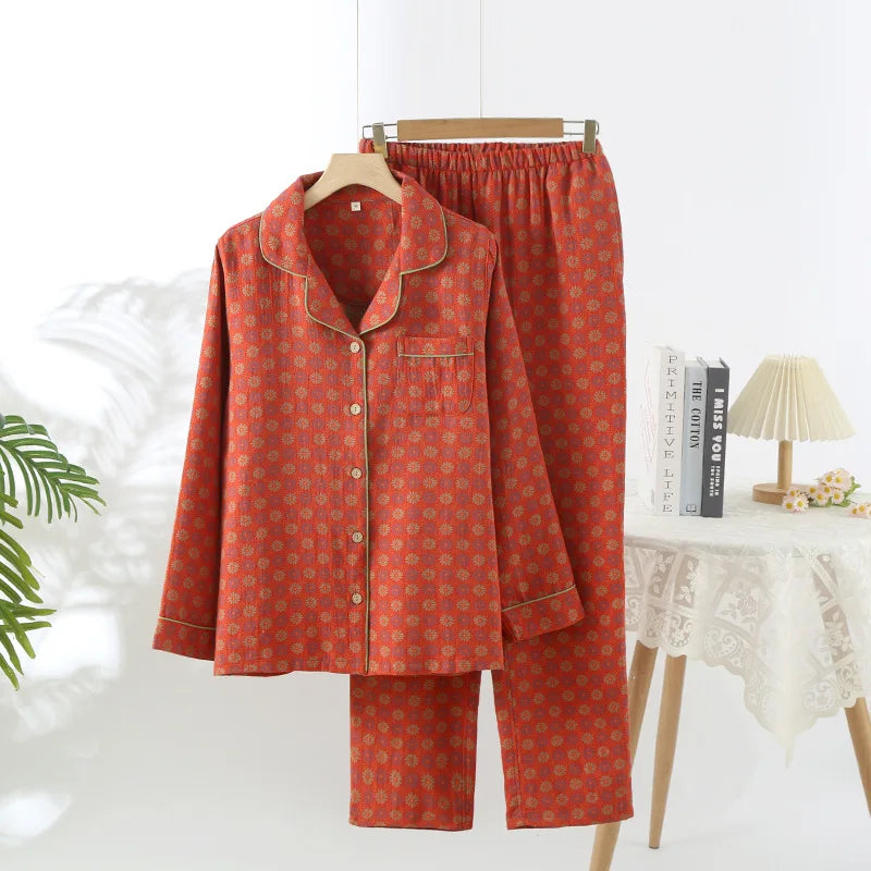 Jacquard Pysjamasett i Bomull (Garnfarget) – 2-delt Langermet Sett med Etnisk Mønster | Høst Loungewear