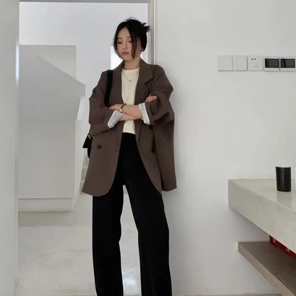 Vintage Blazer for Dame – Løs Dobbelspent Dressjakke med Lange Ermer | Elegant &amp; Trendy Høststil 2025