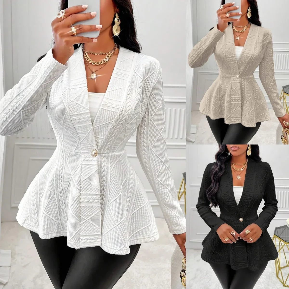 Elegant Dameblazer – Tykk Jacquard Jakke til Høst og Vinter