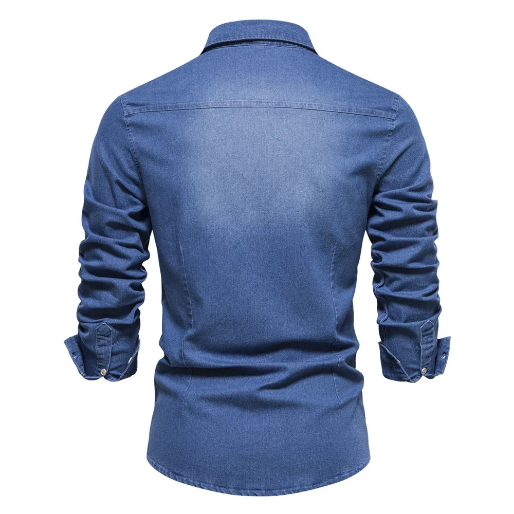 Slim Fit Denimskjorte for Herre – Elastisk Bomull og Klassisk Cowboy-stil med Moderne Passform