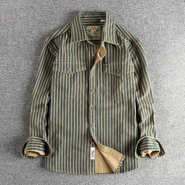 Retro Stripet Skjorte for Menn – Amerikansk Vasket Look med Lommer | Casual Langermet Skjorte for Høst og Vinter 2025