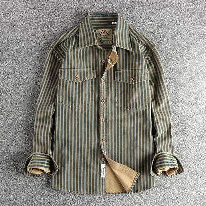 Retro Stripet Skjorte for Menn – Amerikansk Vasket Look med Lommer | Casual Langermet Skjorte for Høst og Vinter 2025