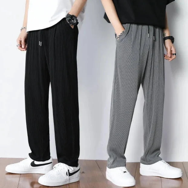 Hvite Ice Silk Sommerbukser for Herre – Lette, Vide Streetwear Bukser