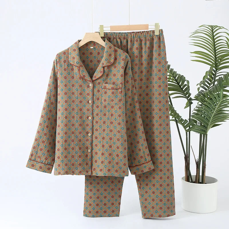 Jacquard Pysjamasett i Bomull (Garnfarget) – 2-delt Langermet Sett med Etnisk Mønster | Høst Loungewear