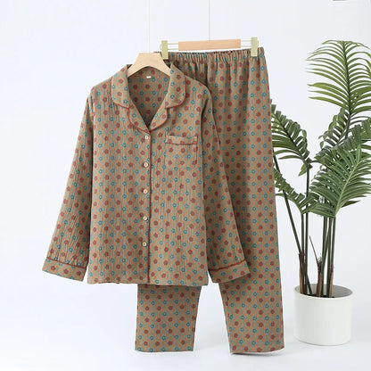 Jacquard Pysjamasett i Bomull (Garnfarget) – 2-delt Langermet Sett med Etnisk Mønster | Høst Loungewear