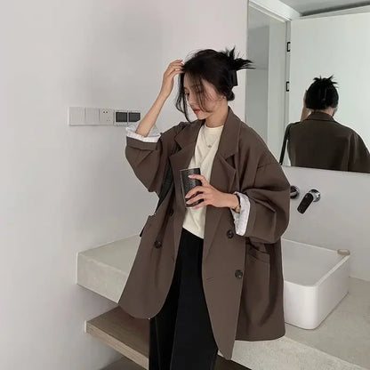 Vintage Blazer for Dame – Løs Dobbelspent Dressjakke med Lange Ermer | Elegant &amp; Trendy Høststil 2025