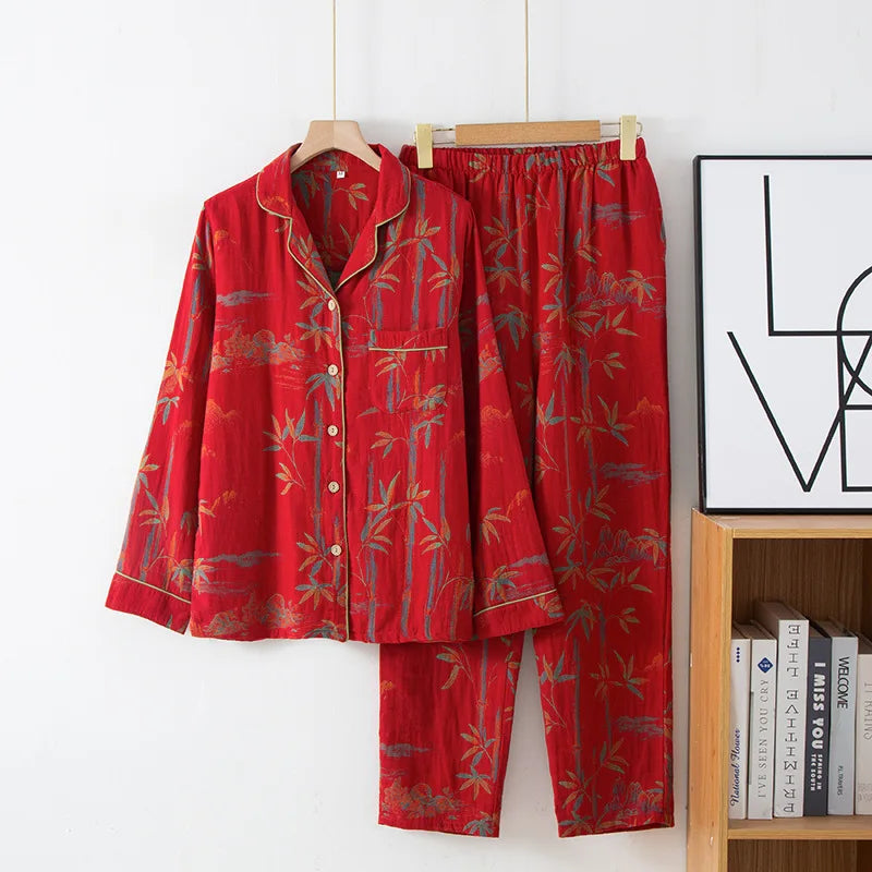 Par-Pysjamas i Bomullsmusselin (Dobbel Gasbind) – 2-delt Sett med Tynn Langermet Topp + Bukse | Vår/Sommer Loungewear