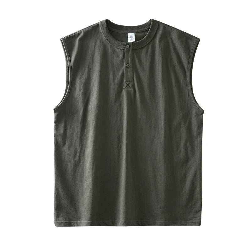 Ermeløs Henley T-skjorte til Herre – 100% Bomull Oversized Singlet