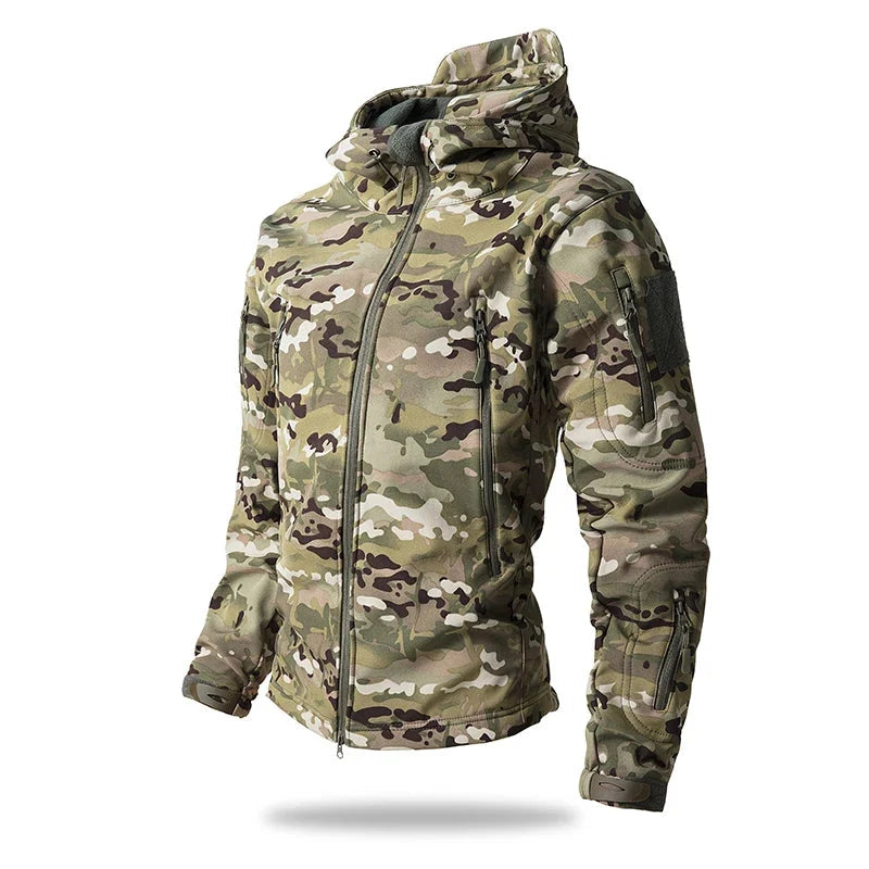 Softshell Taktisk Jakke – Vanntett &amp; Vindtett med Fleecefor | Herre Camouflage Hettejakke til Jakt &amp; Friluft